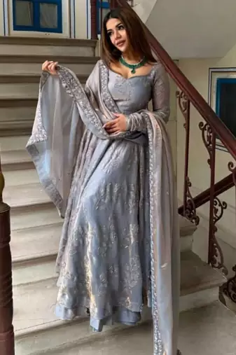 Designer fandy silk anarkali with bits hand work & embroidery