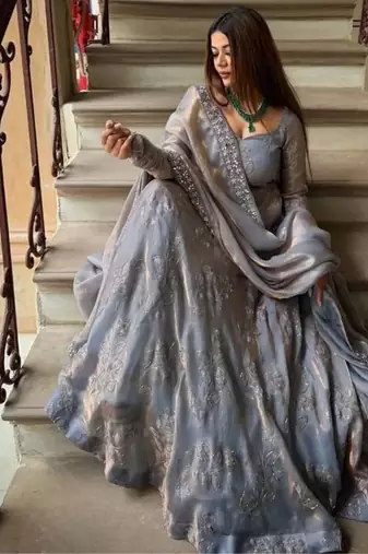 Designer fandy silk anarkali with bits hand work & embroidery
