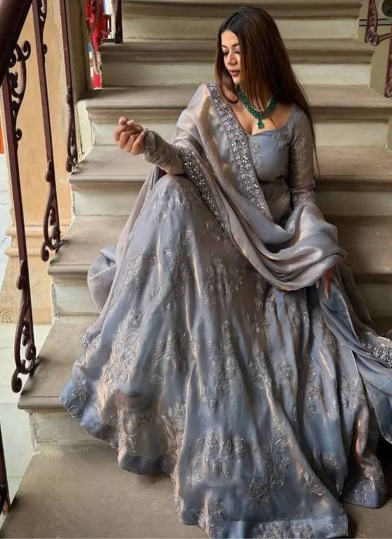 Designer fandy silk anarkali with bits hand work & embroidery