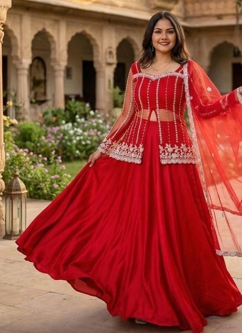 Red Color Sequence Embroidery Work Rangoli Silk Lehenga Choli Set