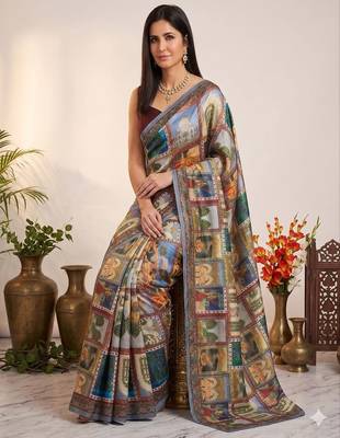 Multi Color Print , Aari And mirror Work Silk Saree 2