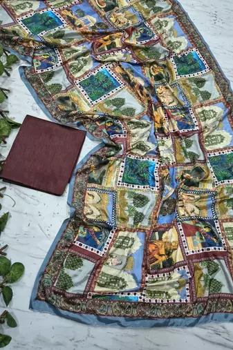 Multi Color Print , Aari And mirror Work Silk Saree