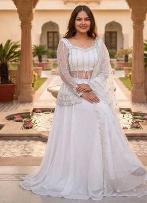 White Color Sequence Embroidery Work Rangoli Silk Lehenga Choli Set 1