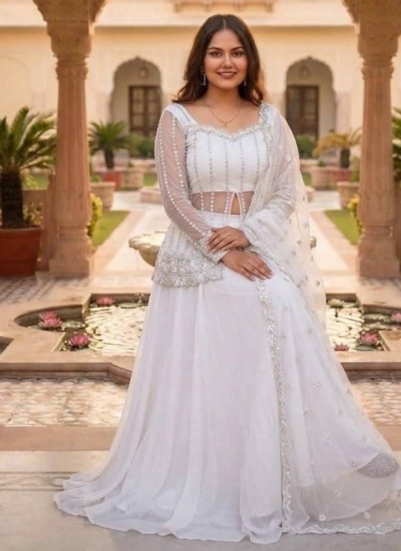White Color Sequence Embroidery Work Rangoli Silk Lehenga Choli Set
