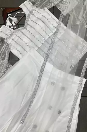 White Color Sequence Embroidery Work Rangoli Silk Lehenga Choli Set
