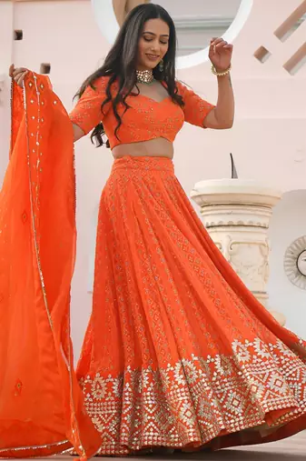 orange sequins georgette lehenga set choli with dupatta