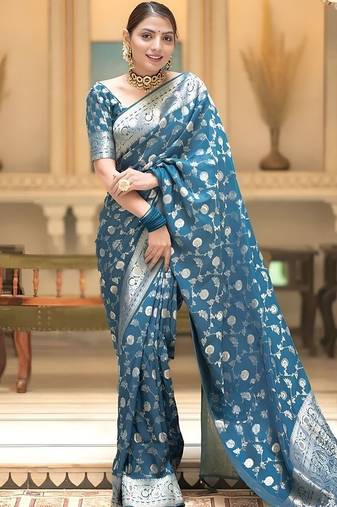 Teal zari woven silk saree elegant banarasi style wedding wear with blouse
