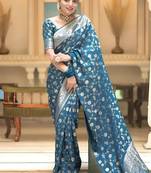 Teal zari woven silk saree elegant banarasi style wedding wear with blouse