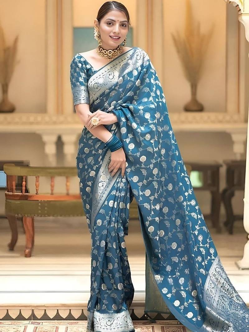 Teal zari woven silk saree elegant banarasi style wedding wear with blouse