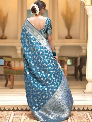 Teal zari woven silk saree elegant banarasi style wedding wear with blouse 2