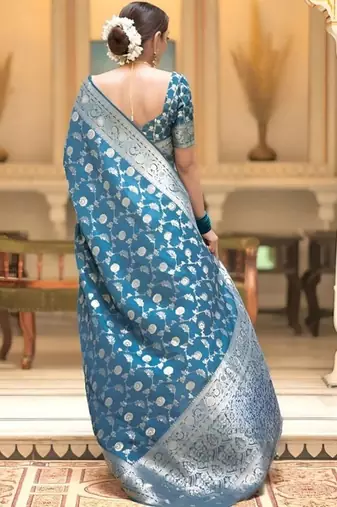 Teal zari woven silk saree elegant banarasi style wedding wear with blouse