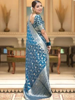 Teal zari woven silk saree elegant banarasi style wedding wear with blouse 3