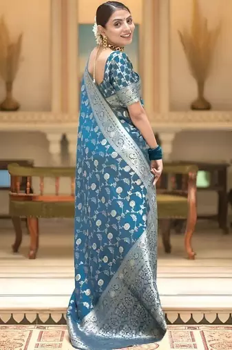 Teal zari woven silk saree elegant banarasi style wedding wear with blouse