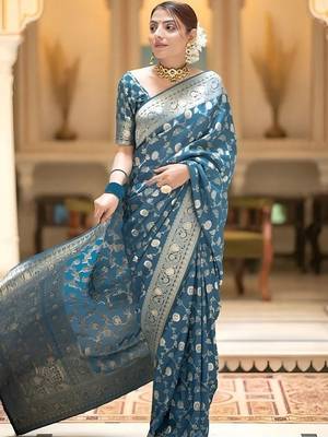 Teal zari woven silk saree elegant banarasi style wedding wear with blouse 4