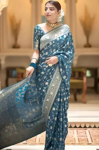 Teal zari woven silk saree elegant banarasi style wedding wear with blouse