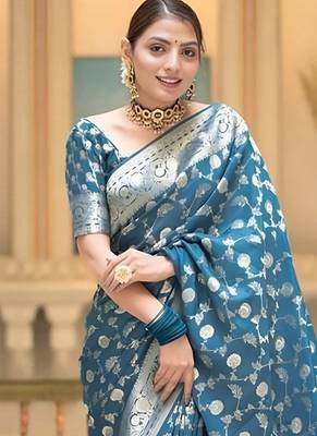 Teal zari woven silk saree elegant banarasi style wedding wear with blouse 5