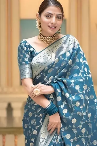 Teal zari woven silk saree elegant banarasi style wedding wear with blouse
