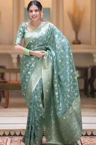 Sea green zari woven silk saree elegant banarasi style wedding wear with blouse