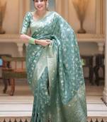 Sea green zari woven silk saree elegant banarasi style wedding wear with blouse