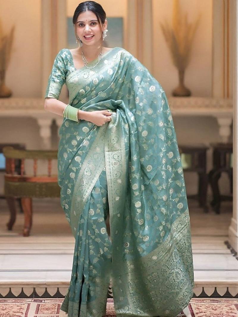 Sea green zari woven silk saree elegant banarasi style wedding wear with blouse