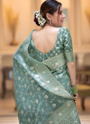 Sea green zari woven silk saree elegant banarasi style wedding wear with blouse 2