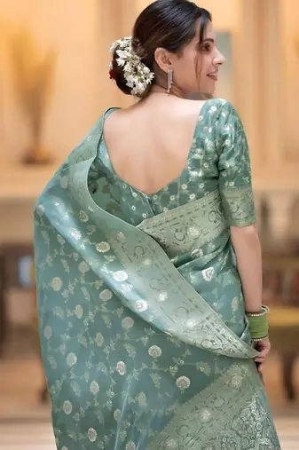 Sea green zari woven silk saree elegant banarasi style wedding wear with blouse