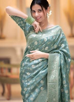 Sea green zari woven silk saree elegant banarasi style wedding wear with blouse 3
