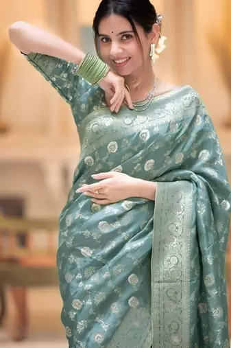 Sea green zari woven silk saree elegant banarasi style wedding wear with blouse