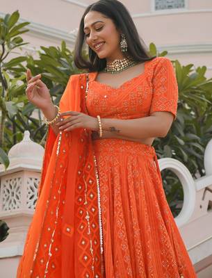 orange sequins georgette lehenga set choli with dupatta 7