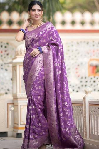 Lavender woven silk saree elegant banarasi style wedding wear with blouse