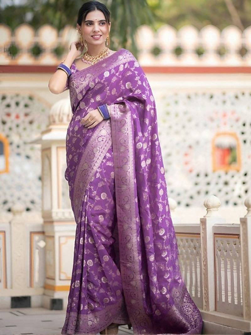 Lavender woven silk saree elegant banarasi style wedding wear with blouse