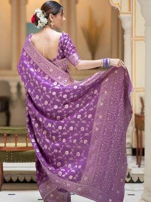 Lavender woven silk saree elegant banarasi style wedding wear with blouse 2