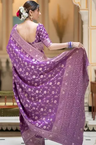 Lavender woven silk saree elegant banarasi style wedding wear with blouse