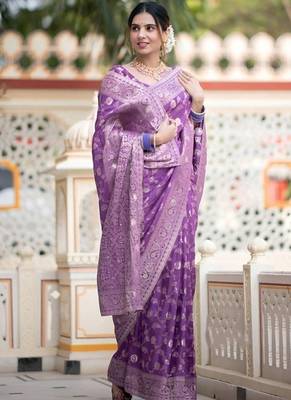 Lavender woven silk saree elegant banarasi style wedding wear with blouse 3
