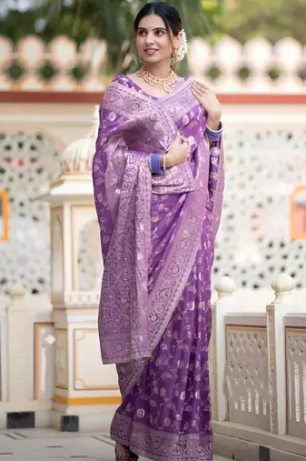 Lavender woven silk saree elegant banarasi style wedding wear with blouse