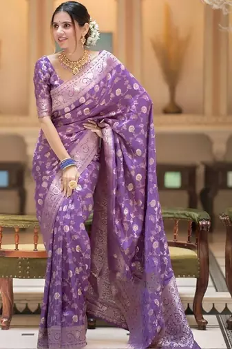 Lavender woven silk saree elegant banarasi style wedding wear with blouse