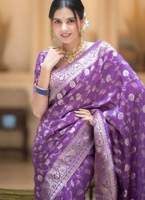 Lavender woven silk saree elegant banarasi style wedding wear with blouse 5