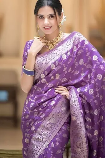 Lavender woven silk saree elegant banarasi style wedding wear with blouse