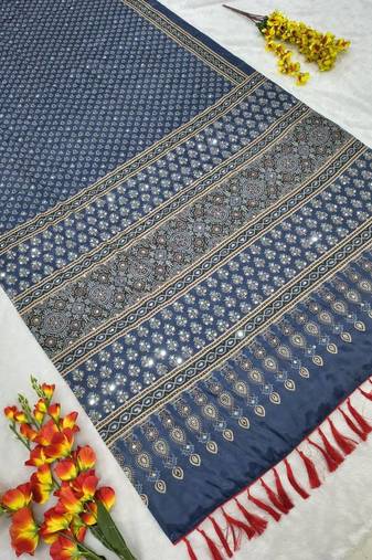 Blue Color Printed And Real Mirror Work Chinon silk blendSaree