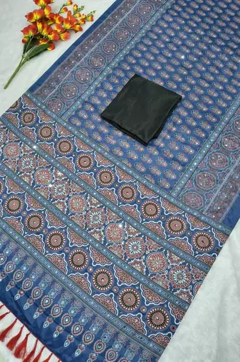 Blue Color Printed And Real Mirror Work Chinon silk blendSaree