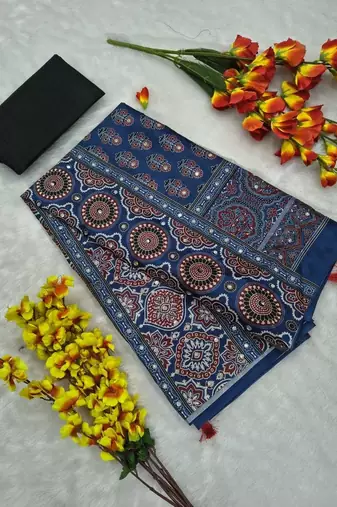 Blue Color Printed And Real Mirror Work Chinon silk blendSaree