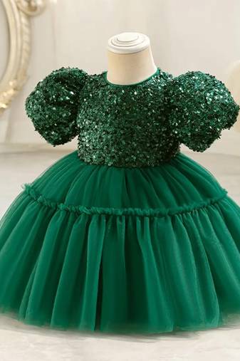 Emerald green sequin work net princess party gown