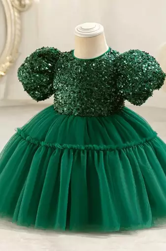 Emerald green sequin work net princess party gown