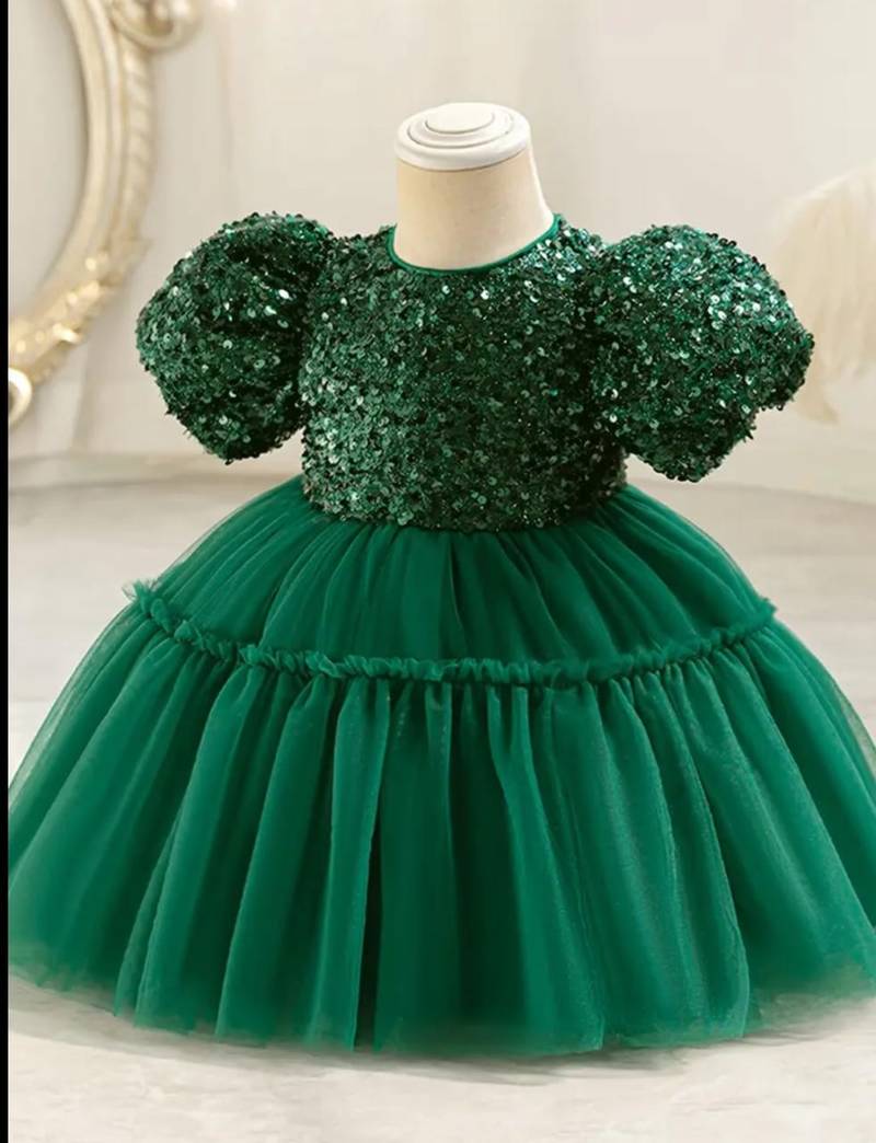 Emerald green sequin work net princess party gown