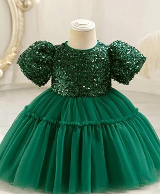 Emerald green sequin work net princess party gown 2