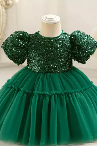 Emerald green sequin work net princess party gown