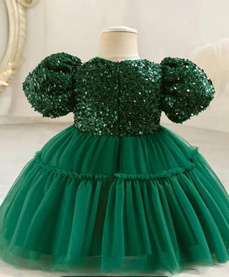 Emerald green sequin work net princess party gown 4
