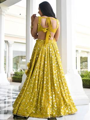 yellow thread embroidered georgette wedding lehenga set choli with dupatta 5