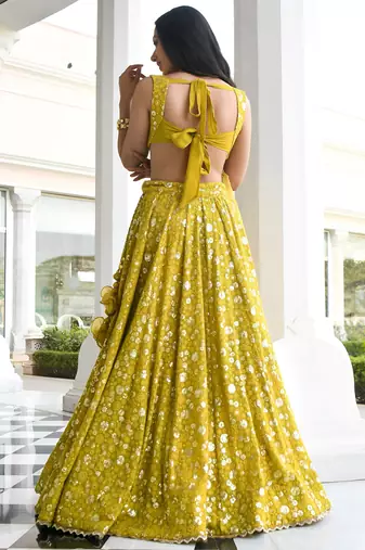 yellow thread embroidered georgette wedding lehenga set choli with dupatta