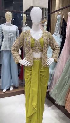 Paroot Green Color Embroidery Work Creap Satin Blouse Dhoti Set 1